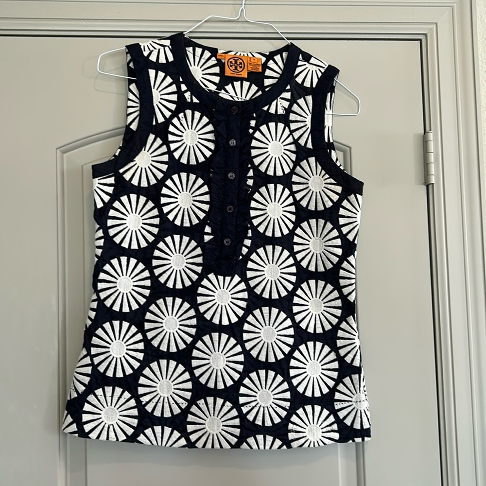 Tory Burch Navy and White Sleeveless Patterned Tank